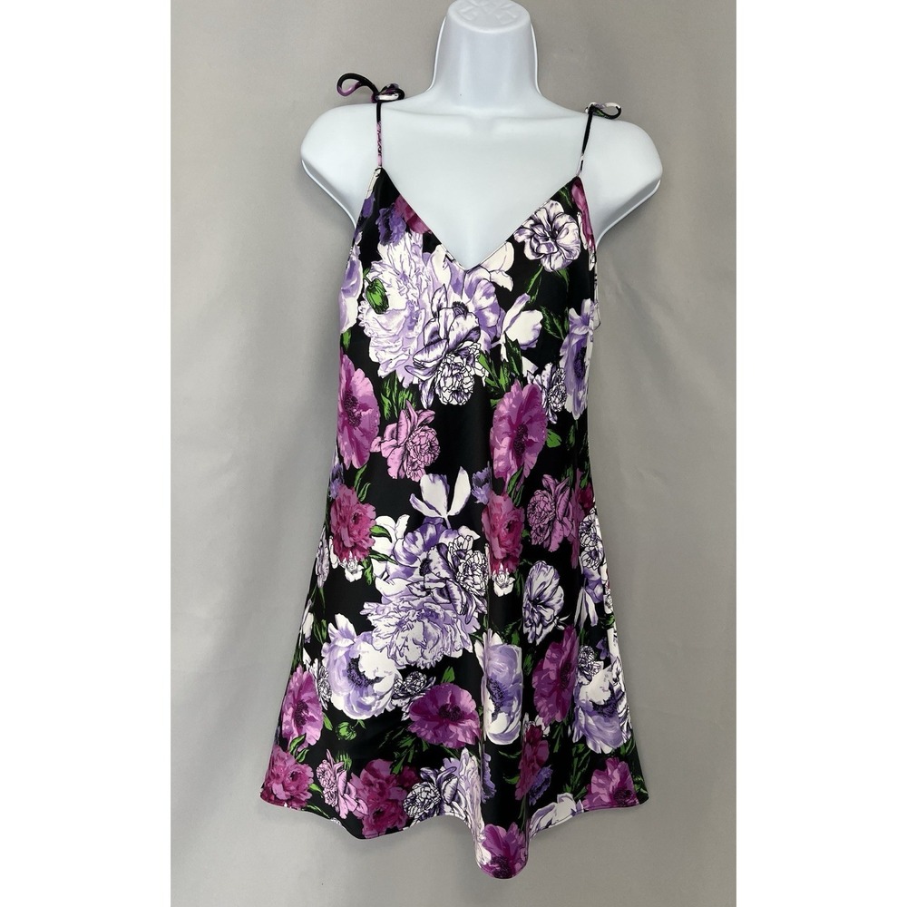 VICTORIAS SECRET TIE SHOULDER SATIN ROSE FLORAL MINI DRESS SLIP SZ Small